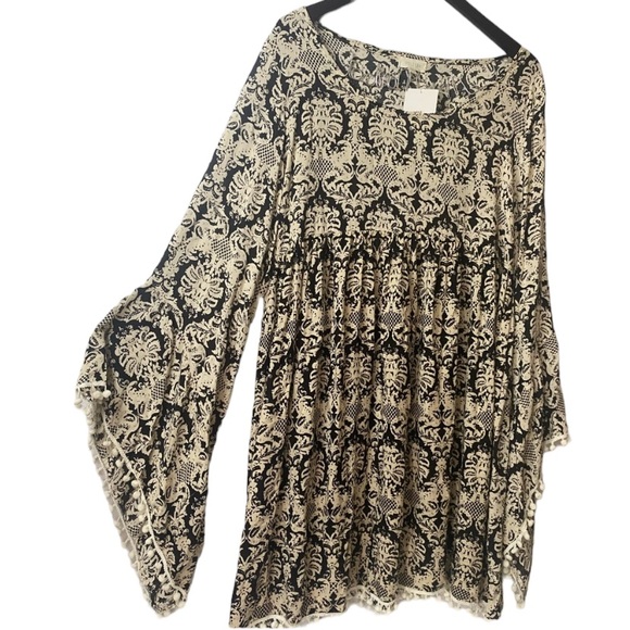 Velzera Black Damask Bell-Sleeve Bohemian Pattern Midi Dress Women’s Size L - Picture 8 of 16
